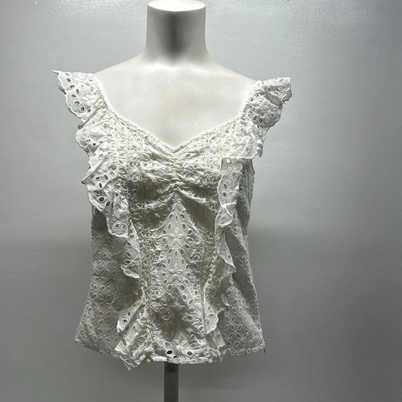 Joie Tank Top Blouse Lace Eyelet Sleeveless Floral V-Neck Ruffle Trim White 2 - Picture 2 of 12